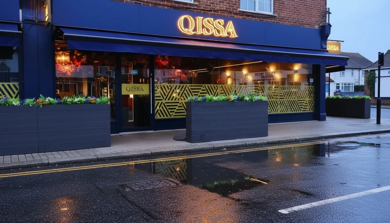 Qissa exterior at dusk in Sevenoaks