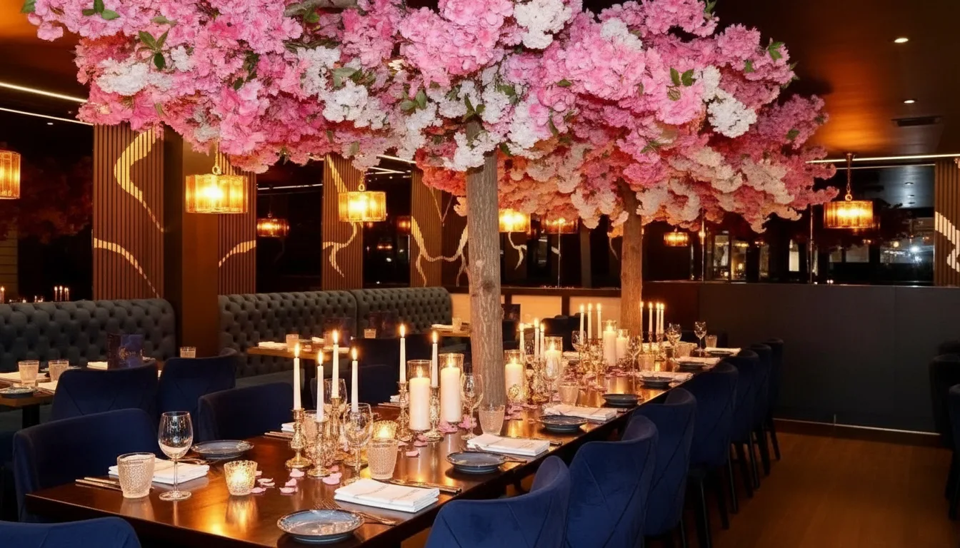 A private dining table set beneath the blossoms